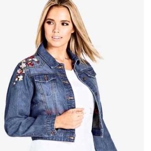 City Chic Embroidered Floral Denim Jacket Plus